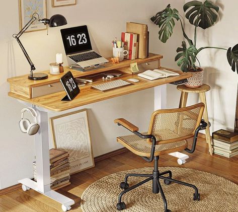 #desk #standupdesk #homeoffice Stand Up Table, Desk Modern Design, Living Boho, Standing Desk Office, Double Drawer, Electric Standing Desk, Adjustable Height Standing Desk, Stand Up Desk, Stand Desk