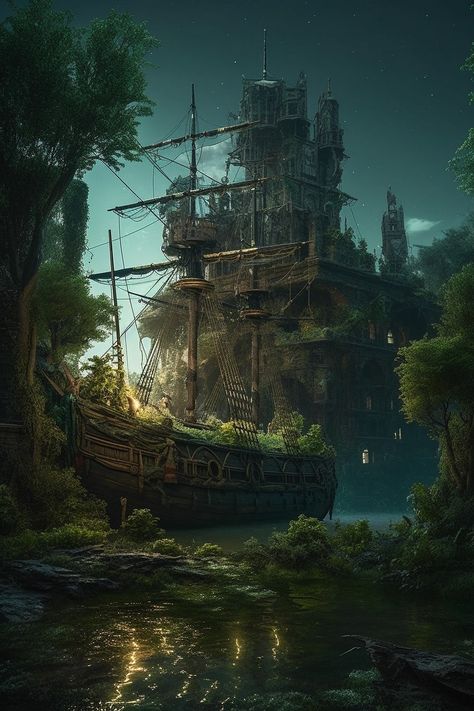 Pirate Fantasy Art Ships, Boat City Fantasy Art, Boat Fantasy Art, Conqueror Aesthetic, Fantasy Pirate Art, Pirate Fantasy Art, Fantasy Pirate Ship, Pirate City, Pirate Ship Art