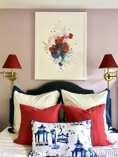 decorating with red, blue, white, navy, upholstered headboard, spray paint, red, lampshades Dark Blue And Red Bedroom, Navy Blue And Burgundy Bedroom, Light Purple Girls Bedroom, Georgian Remodel, Light Purple Bedrooms, Red Blue Bedroom, Red And Blue Bedroom, Purple Bedroom Paint, Red And Blue Decor