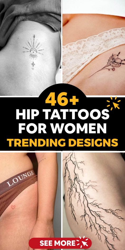 Discover the allure of hip tattoos. Whether you prefer delicate or intricate designs, these artistic creations cater to every woman's individual style. Embrace your femininity with these stunning tattoo ideas that are both elegant and alluring, showcasing the beauty of body art on your hips. Choose a design that resonates with your unique personality and be empowered by the graceful aesthetic of hip tattoos. Let your inner creativity flourish through these feminine expressions etched on your ski Thigh Crease Tattoo, Name Tattoos On Buttocks, Hottest Tattoos For Women, Small Pelvic Tattoos Women, Hip Tattoo Text, Hot Back Tattoos For Women, Hot Female Tattoos, Fine Line Hip Tattoo, Feather Hip Tattoos