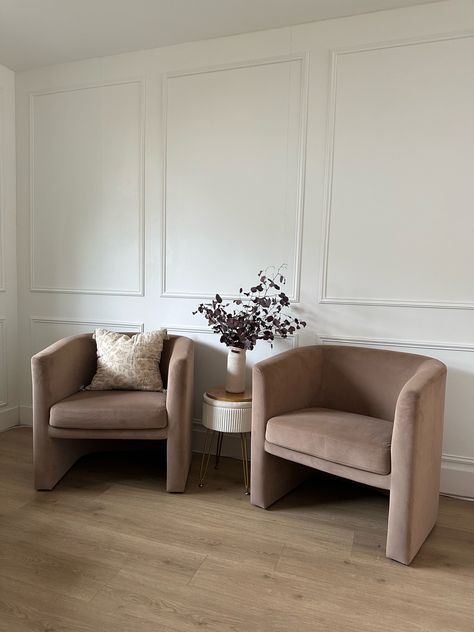 Two Accent Chairs In Living Room, Accent Chairs In Living Room, Chairs In Living Room, Two Accent Chairs, Pottery Barn Chair, Taupe Chair, Mcgee And Co, Barrel Chairs, Velvet Accent Chair