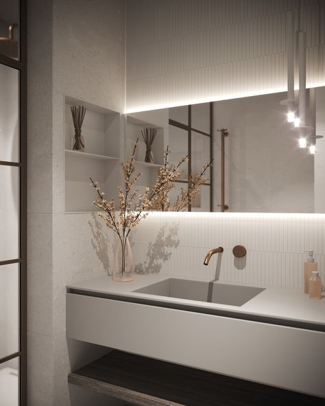 Narrow Powder Room Design, Expensive Interior Design, Light Up Mirror Bathroom, Ivory Bathroom Ideas, Wc Mirror, Bathroom Design Simple, Mirror Washroom, Light Mirror Bathroom, Neutral Bathroom Design