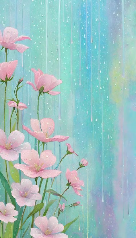 Delicate pink flowers glisten with raindrops, set against the refreshing hues of a soft spring shower.