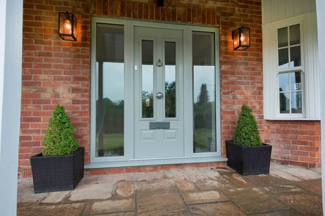 Light grey composite door with glass side panels Gray Front Door Colors, Grey Front Door, Front Doors Uk, Grey Front Doors, Victorian Front Doors, Front Door Inspiration, Front Door Lighting, Composite Front Door, Traditional Front Doors