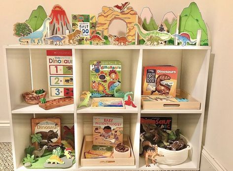 Dinosaur Montessori Bedroom, Dinosaur Toy Rotation, Themed Toy Rotation, Toy Rotation Shelf, Toy Rotation Themes, Dinosaur Shelf, Learning Shelf, Playroom Decorations, Wood Dinosaur