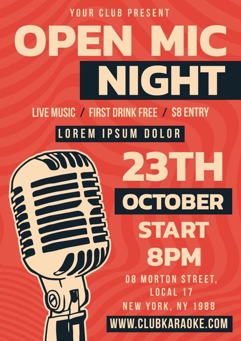 Vintage Open Mic Night Flyer Open Mic Poster, Gig Posters Design, Poster Design Typography, Urban Bar, Bar Night, Open Mic Night, Word Poster, Business Poster, Open Mic