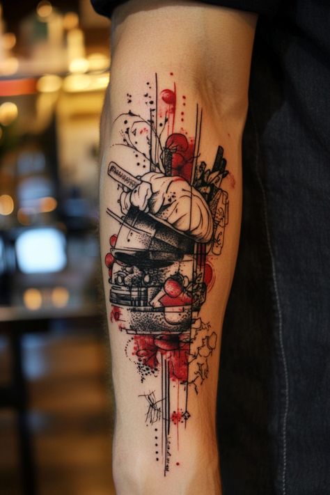 Detailed tattoo of a chef's hand holding a knife with kitchen tools and splashes of red ink on an arm. Chef Tattoo Design, Chefs Tattoo, Whisk Tattoo, Chef Tattoo Ideas, Chef Lifestyle, Culinary Tattoos, Food Tattoo, Tattoo Ideas For Females, Chef Tattoo