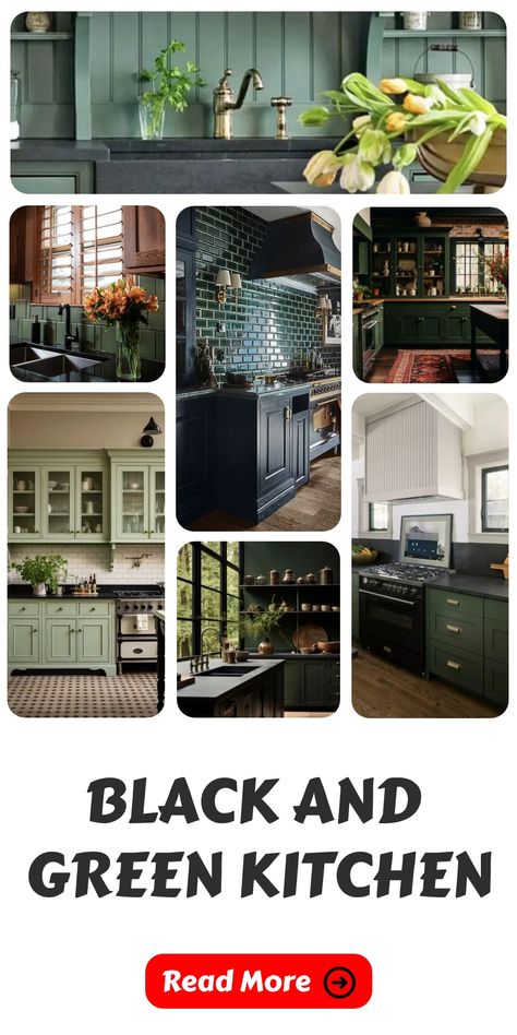 Step into a world of style with these 20 black and green kitchen designs that perfectly blend dark, rich tones with refreshing green hues. Whether you prefer a hint of boho or a dash of modern decor, these kitchens incorporate elements like white granite counters and chic backsplash tiles to inspire your next renovation. Black Appliances Kitchen Green Cabinets, White Green Black Kitchen, Dark Green Backsplash Kitchen, Green And Black Kitchen Ideas, Green Bottom Kitchen Cabinets, Green Cabinets With Butcher Block, Black And Green Kitchen, Cabinets With Gold Handles, Green And Black Kitchen