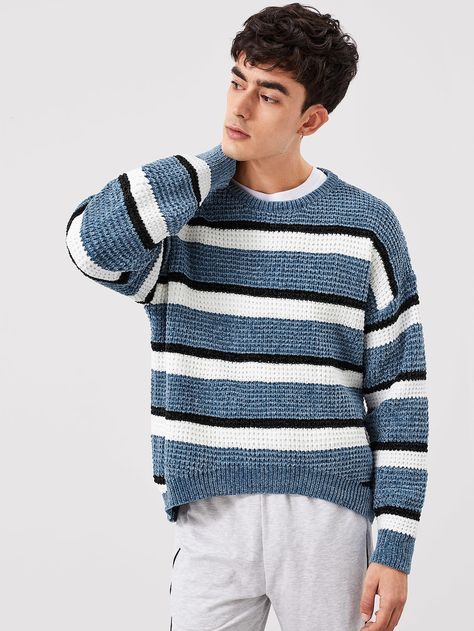 Men Drop Shoulder Striped Sweater -SheIn(Sheinside) Pattern Sweater Outfit, Mens Striped Sweater, Sweater And Cardigan, Striped Sweater Outfit, Men Knitwear, Sweater Outfits Men, Male Sweaters, Crochet Men, Mens Knit Sweater