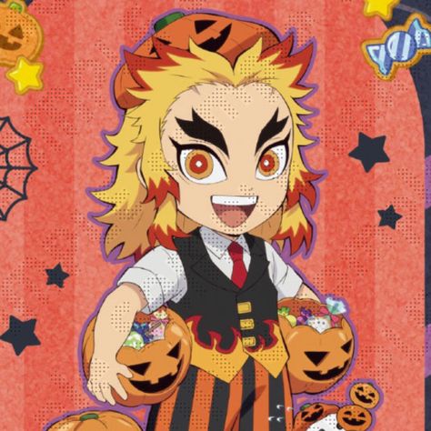 Rengoku Christmas Pfp, Rengoku Halloween Pfp, Halloween Rengoku, Chibi Kyojuro, Demon Slayer Halloween Icons, Demon Slayer Chibi Official Art Halloween, Kny Halloween, Demonslayer Rengoku, Halloween Pfps