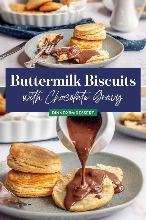 Buttermilk Biscuits with Chocolate Gravy is a Southern breakfast recipe for the flakiest buttery biscuits and a rich silky chocolate sauce. Biscuits And Chocolate Gravy, Pumpkin Biscuits, Best Buttermilk Biscuits, Homemade Biscuit, Chocolate Gravy, Blueberry Biscuits, Homemade Biscuits Recipe, Southern Breakfast, Southern Biscuits