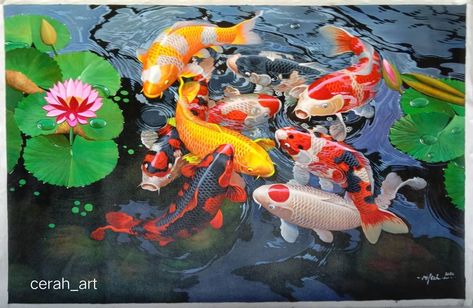 Lukisan Kuda Lari - Ocean Creatures Art, Walls Painting, Koi Painting, Canvas Art Painting Acrylic, Koi Art, Koi Ponds, Golden Fish, Fish Wallpaper, Animals In Art