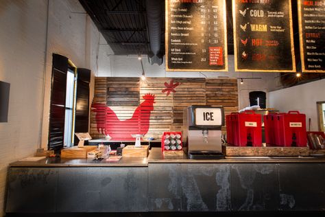 Pallet Wood Restaurant designs - Hot Chicken Takeover Rotisserie Chicken Restaurant Design, Fried Chicken Store Design, Chicken Store Design, Fried Chicken Shop Design, Chicken Shop Design Ideas, Chicken Shop Design, Chicken Restaurant Interior, Fried Chicken Restaurant Design, Chicken Restaurant Design