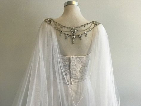 Bridal Cape Veil w/ Rhinestone Back Jewelry__120Width x | Etsy Cape Veil Wedding, Tiefling Cleric, Goddess Core, Bridal Cape Veil, Cape Veil, Nerd Wedding, V Shape Cut, Wedding Cloak, Drop Veil