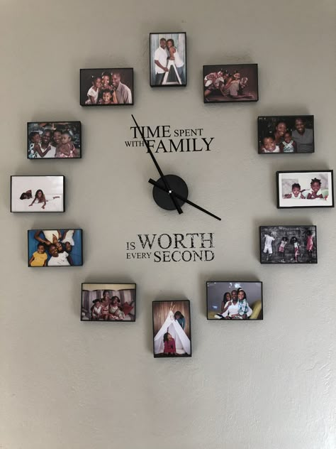 Modern Living Room Clock, Family Clock Wall Decor, Photo Clock Wall, Family Photo Wall Decor Ideas, Wall Clock With Photo Frames, Photo Clock Ideas, Clock With Pictures Around It Wall Ideas, Clock And Picture Wall Layout, Family Wall Decor Diy