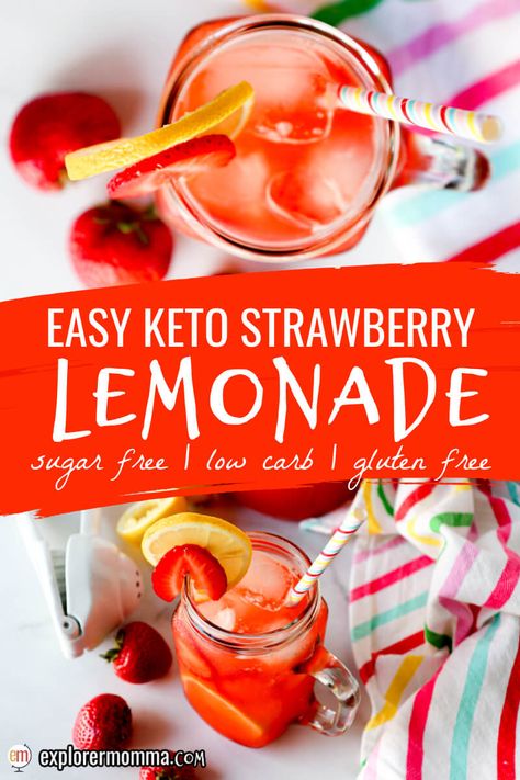 Healthy Strawberry Lemonade, Easy Strawberry Lemonade, Sugar Free Lemonade, Homemade Strawberry Lemonade, Strawberry Lemonade Recipe, Sugar Free Drinks, Low Carb Low Fat Recipes, Low Carb Drinks, Summertime Drinks