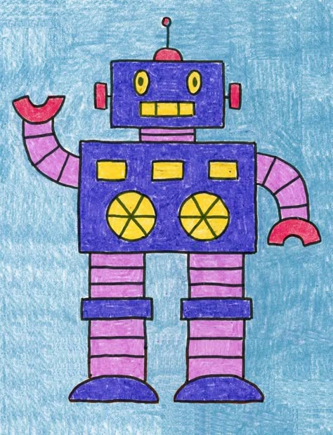 Here’s how to draw a robot, the old-fashioned variety. All those simple shapes are good for those just learning how to draw. How To Draw Robots Step By Step, Robot Drawing Easy, Drawings For Boys, Easy Paintings For Kids, Robots Art Drawing, Things To Draw For Kids, Robot Drawing, Drawing Classes For Kids, Drawing Lessons For Kids