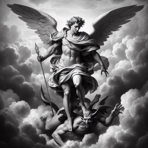 Heaven Theme Tattoo, Arkangel Micheal Tattoo, San Michele Arcangelo Tattoo, Saint Michael Drawing, Heaven Vs Hell Tattoo, Arc Angel Tattoo, Archangel Michael Wallpaper, Arch Angel Michael Tattoo, Saint Michael Tattoo Design