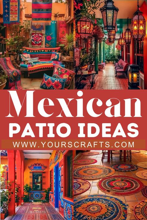 12 Mexican Patio Ideas For Modern Splash Of Color - Yours Crafts Mexican Cantina Bar Ideas, Mexican Outdoor Decor Patio, Sunporch Decorating Ideas, Mexican Patio Decor, Mexican Outdoor Decor, Mexican Decor Ideas, Mexican Patio Ideas, Boho Front Porch, Mexican Patio Hacienda Style