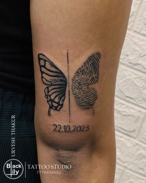 Customized Butterfly Fingerprint Tattoo The combination of butterfly and fingerprint signifies a merging of personal transformation or growth with individual identity. The birthdate adds a personal touch, representing an important milestone or a significant event in the person's life. #buterfly #buterflytattoo #fingerprint #fingerprinttattoo #tattoo #tattoolover #tattoos #tattoo #blacklily_tattoo #halol #vadodara #bhavnagar #gujrat Tattoos With Fingerprints, Thumbprint Memorial Tattoo, Finger Print Butterfly Tattoo, Butterfly Fingerprint Tattoo, Finger Print Tattoo Memorial, Thumbprint Tattoo Memory, Fingerprint Tattoo Memorial, Fingerprint Tattoo Ideas Unique, Butterfly Fingerprint