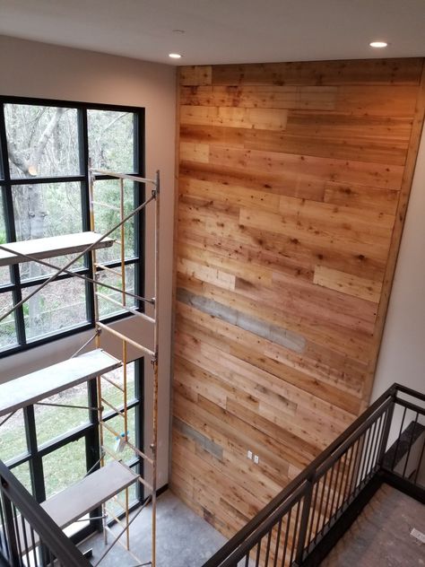 Log Accent Wall, Cedar Accent Wall Living Room, Cedar Walls Interior Living Room, Cedar Walls Interior, Cedar Accent Wall, Cedar Projects, Tounge And Groove, Cedar Room, House Basement