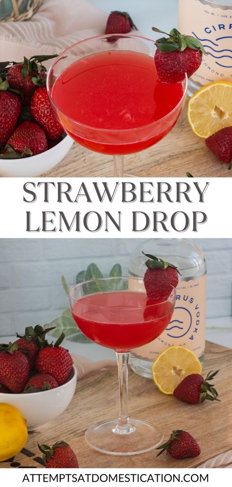 Sip on sunshine with this heavenly Strawberry Lemon Drop martini! Fresh strawberries + zesty lemon juice + smooth vodka make the perfect blend of sweet and tart. Strawberry Lemon Drop Martini, Strawberry Lemon Drop, Party Drinks Ideas, Lemon Drop Martini Recipe, Roasted Almonds Recipe, Lemon Drop Recipe, The Perfect Martini, Lemon Drop Cocktail, Strawberry Simple Syrup