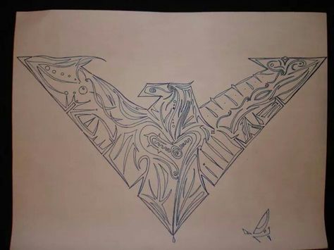 Something like this but actual symbols inside (like the old Robin symbol) Nightwing Tattoo, Robin Symbol, I Am Batman, Patch Work, Nightwing, Blackwork, Triangle Tattoo, Geometric Tattoo, The Old