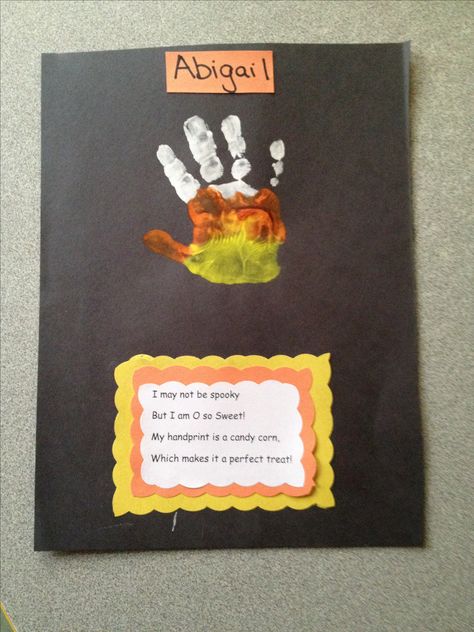 Candy Corn handprint! Cute and easy craft for Pre-school or Kindergarten! -  I made up the poem - but you can add or embellish this craft any way that you want :-) Toddlers Crafts, Halloween Handprint, Diy Halloween Crafts, Halloween Crafts Preschool, Halloween Crafts For Toddlers, October Crafts, Crafts Preschool, Halloween Preschool, Easy Halloween Crafts