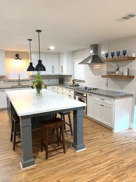 Kitchen Island Table Combination, Kitchen Cabinets Before And After, Kitchen Countertop Decor, White Wash Brick, Island Table, Countertop Decor, Kitchen Island Table, Large Kitchen Island, Kitchen Island With Seating