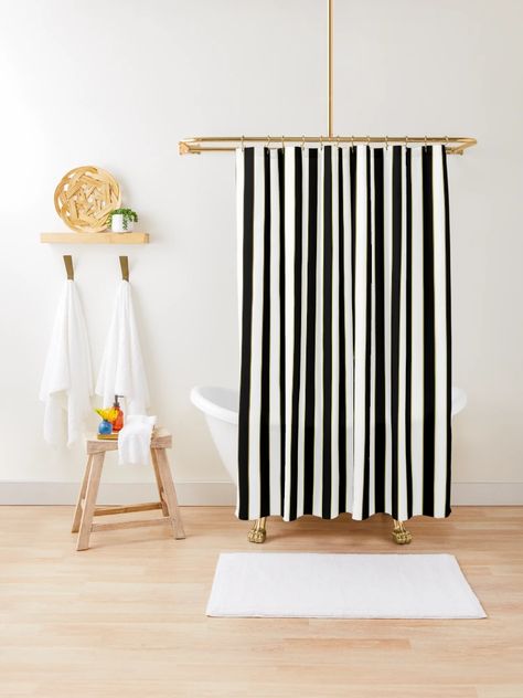 "Vintage Art Deco Gold Black and White Pin Stripes" Shower Curtain for Sale by podartist | Redbubble Art Deco Gold, Striped Shower Curtains, Custom Bathroom, White Pin, Patterned Shower Curtain, Bathroom Designs, Curtains For Sale, Vintage Art Deco, Buy Vintage