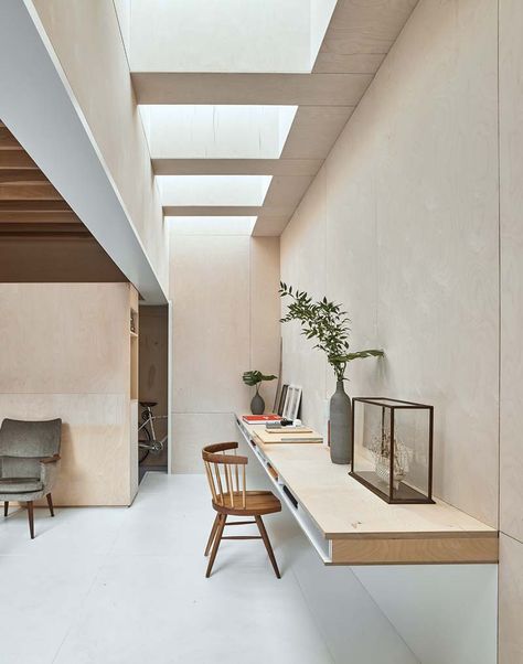 Twenty + Change: AM_A Plywood Built In Desk, Birch Plywood Office, Desk Built Into Wall, Plywood Desk, Dining Room Furniture Design, Velux Skylights, Integrated Storage, Hall Room, Dining Room Furniture Modern