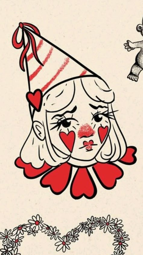 Creepy Gals Art, Clown Girl Drawing, Cartoon Clown, Sweet Drawing, Cartoon Tattoo Ideas, Animated Shows, American Traditional Tattoo Ideas, Traditional Tattoo Ideas, Cartoon Tattoo