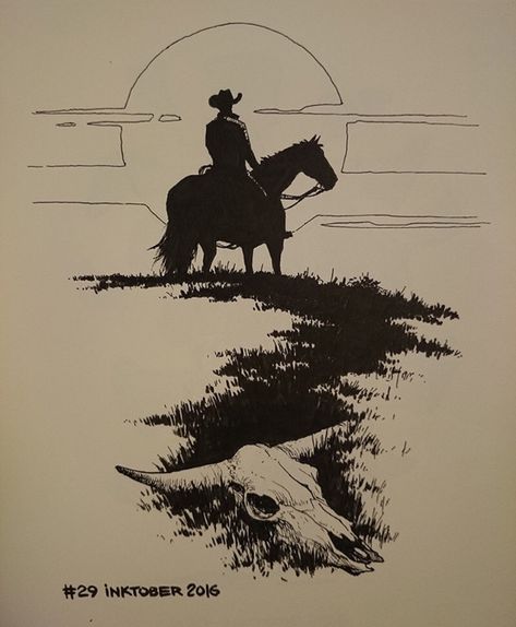 Realistic Western Tattoo, Cowboy Outline Drawing, Wild West Tattoos For Men, Ranch Drawing Western Art, Rancher Tattoo Ideas, Ranching Tattoos, Cowboy And Horse Tattoo, Dark Western Tattoo, Cowboy Silhouette Tattoo