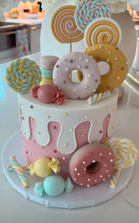 Sweets Themed Cake, Doughnut Theme Cake, Two Tier Donut Birthday Cake, Candy Shop Birthday Cake, Fourever Sweet, Candyland Fondant Cake, Birthday Donuts, Beauty Party, Candy Cake