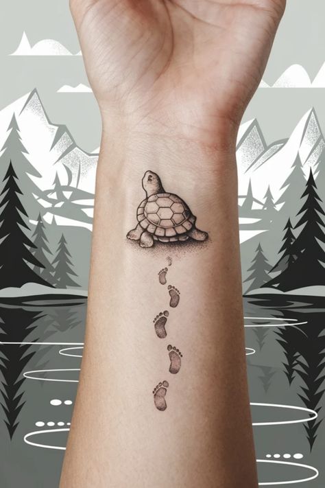 Turtle tattoo on forearm with footprints leading towards it, nature scene background. Turtles Tattoo Ideas, Turtle Family Tattoo, Turtle Tattoo Meaning, Turtle Wrist Tattoo, Fine Line Turtle Tattoo, Turtle Tattoo Ideas, Small Turtle Tattoo, Turtle Outline, Tattoo Ideas For Females