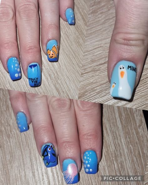 Finding Nemo nails Nemo Nail Art, Finding Nemo Nails, Nemo Nails, Jazz Nails, Character Nail Designs, Finding Nemo Seagulls, 2025 Nails, Character Nail Art, Builder Gel