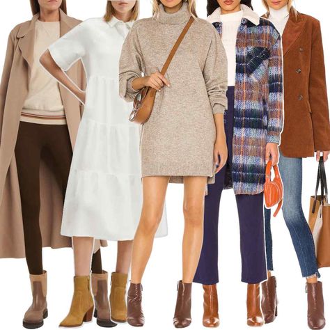 Brown Ankle Boots Dress, Ankle Tan Boots, Cowboy Ankle Boots Outfit Winter, What To Wear With Beige Boots, Long Skirt Ankle Boots Outfit, Neutral Ankle Boots Outfit, Outfits For Ankle Boots, Tan Suede Boots Outfit Ankle Booties, Maroon Ankle Boots Outfit