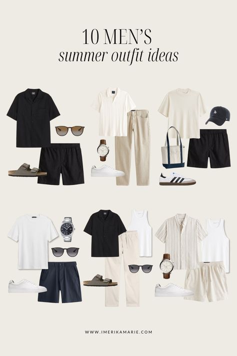 Classy Mens Fashion Summer Casual, Neutral Clothes Men, Men Summer Outfit Casual Classy, Men’s Summer Outfit, Summer Outfits For Men, Capsule Wardrobe Men, Neutral Summer Outfits, Vacation Outfits Men, Men's Summer Outfit