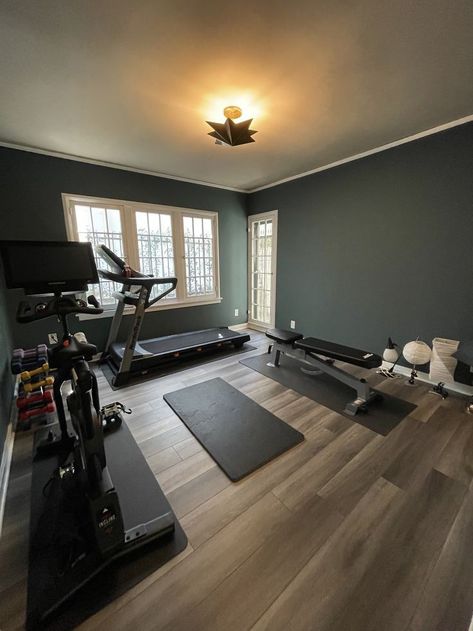 In Home Gym Room, Game Room Gym Combo, Living Room With Gym Area, Gym And Living Room Combo, Small Home Gym Layout, Gym Room Aesthetic, Home Gyms Ideas Workout Rooms, Gym In House, Small At Home Gym