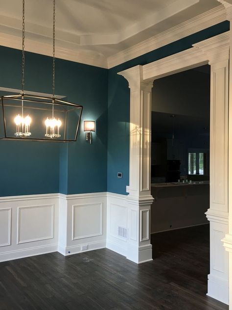 Teal Wainscoting Bathroom, Great Falls Sherwin Williams, Sherwin Williams Great Falls, Wainscoting Color Combinations, Turquoise Dining Room Walls, Dark Turquoise Dining Room, Dark Teal Dining Room Walls, Teal Wainscoting, Royal Blue Dining Room