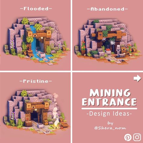 SheraNom | Minecraft Ideas | 3 Cool Mining Entrances ✨ Save for Later and Share with a friend! I thought it would be cool to imagine the same Minecraft mine entrance... | Instagram Minecraft Mine Entrance, Minecraft Swamp, Minecraft Creative Ideas, Minecraft Mining, Mine Entrance, Minecraft Mine, Minecraft Japanese House, Mine Minecraft, Minecraft Structures