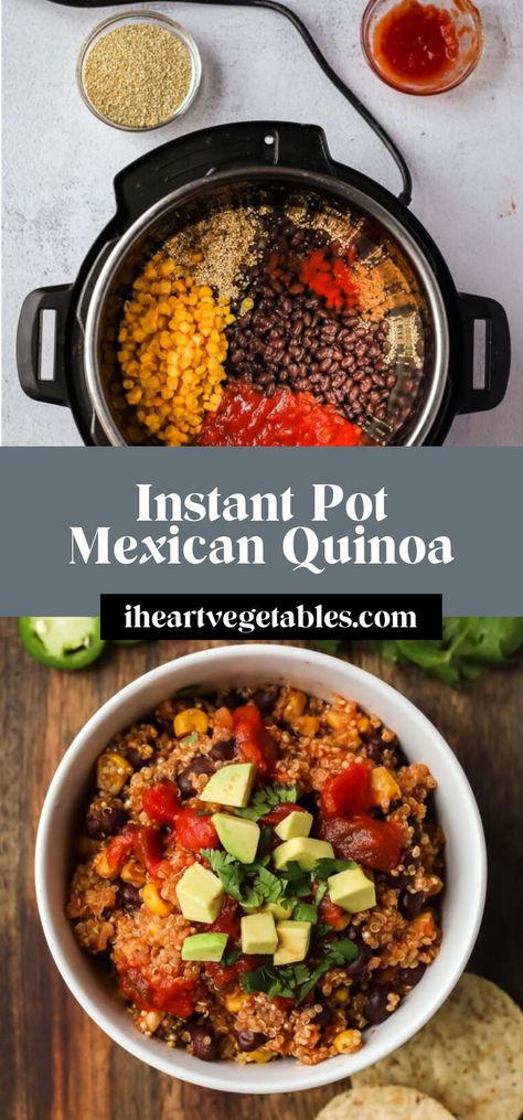 This Instant Pot Mexican-inspired quinoa is an easy “dump and go” recipe. Simply add the ingredients to your pressure cooker, turn it on, and dinner is ready in minutes! Instant Pot Freezer Dump Meals Healthy, Mexican Quinoa Instant Pot, Instant Pot Healthy Desserts, Slow Cooker Quinoa Recipes, Quinoa Pressure Cooker, Instant Pot Quinoa Recipes Easy, Instapot Quinoa Recipe, Instant Pot Rio Recipes, Healthy Instant Pot Breakfast Recipes