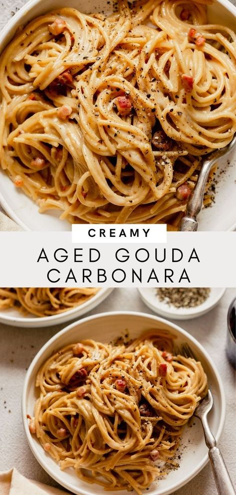 Creamy, cozy Gouda Carbonara! The classic Italian pasta dish gets an upgrade from aged Gouda. Made with whole-wheat spaghetti, parmesan, salty pancetta, and tons of black pepper, this 30-minute meal is simple to make and outstanding in flavor! Gouda Recipes Healthy, Whole Wheat Pasta Recipe Healthy, Smoked Gouda Pasta, Orzo Carbonara, Gouda Pasta, Gouda Recipes, Spaghetti Parmesan, Friendsgiving 2023, Gouda Recipe