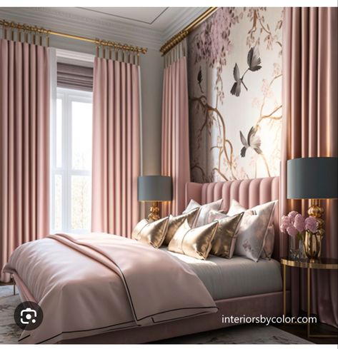 🩷 Pink And Gold Curtains Bedroom, Pink Brown And Gold Bedroom, Bedroom With Pink Curtains, Pink And Gold Interior Design, Rose And Brown Bedroom, Pink And Gold Interior, Pink And Gold Bedroom Aesthetic, Pink Curtains Bedroom Room Ideas, Gold Headboard Bedroom