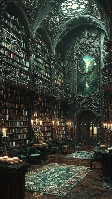 "Enchanting Gothic Library Ideas: Dark Wood & Candlelit Ambiance" Gothic Castle Library, Dark Victorian Library, Dark Purple Library Aesthetic, Dark Manor Aesthetic, Ancient Library Aesthetic, Green Library Aesthetic, Victorian Library Aesthetic, Gothic Library Aesthetic, Dark Castle Aesthetic Interior