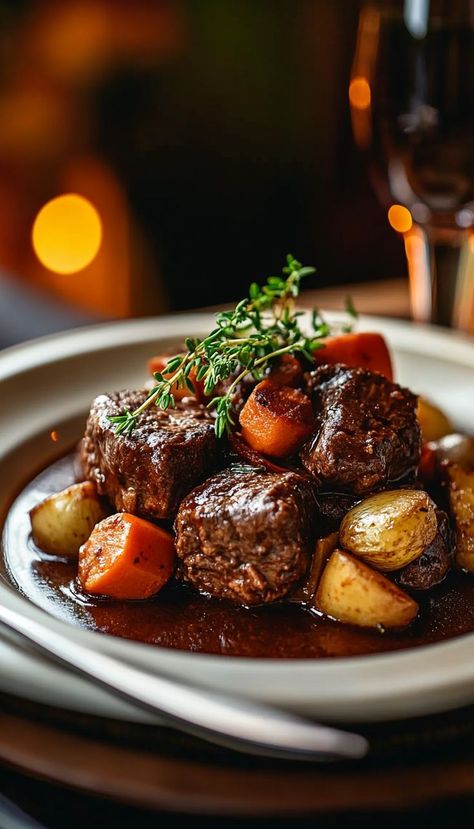 Classic Beef Bourguignon is a rich, slow-cooked stew with tender beef, red wine, and aromatic vegetables. Perfect for fall and winter recipes, this comforting dish is full of depth and flavor, making it ideal for cozy family dinners. Bourginon Beef Bourguignon, Beef Burgonione Recipe, Beef Italian Recipes, Pioneer Woman Recipes Beef, French Beef Bourguignon, Burgundy Beef, Beef Red Wine, Beef Bourguignon Slow Cooker, Easy Beef Bourguignon