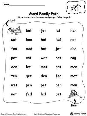 **FREE** ET Word Family Path Worksheet. Topics: Phonics, Reading, and Word Families. #MyTeachingStation Word Families Printables, Kindergarten Word Families, Reading Printables, 3 Letter Words, Kindergarten Phonics, Word Family Worksheets, Family Worksheet, Three Letter Words, Spelling Worksheets