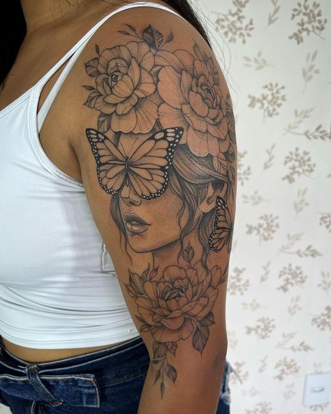 Mythical Sleeve Tattoos For Women, Women’s Quarter Sleeve Tattoo Ideas, Big Upper Arm Tattoos Women, Elegant Flower Tattoos For Women, Dark Feminine Tattoos Sleeves, Shoulder Butterfly Tattoos For Women, Womens Full Sleeve Tattoo, Black And Grey Peony Tattoo, Upper Half Sleeve Tattoo For Women