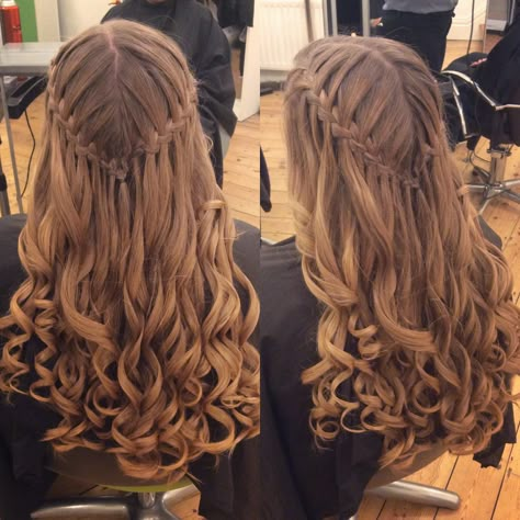 Hairstyle With Curls And Braids, Cute Front Braided Hairstyles, Long Hair Waterfall Braid, Curly Hair With Plait, Front Hairstyle With Curls, Prom Hairstyles Plait, Waterfall Braids With Curls, Braid Hairstyles For Thinner Hair, Front Plaits Hairstyles