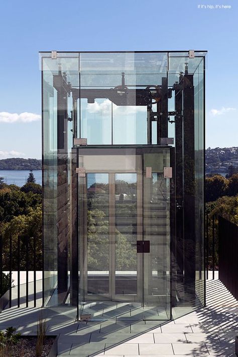 Exterior glass lift or elevator is a nice way to get down to the pool area.: Panoramic Lift, Apartment Elevation, House Lift, Elevator Interior, Glass Lift, Elevator Design, Glass Elevator, Exterior Stairs, Glass Structure